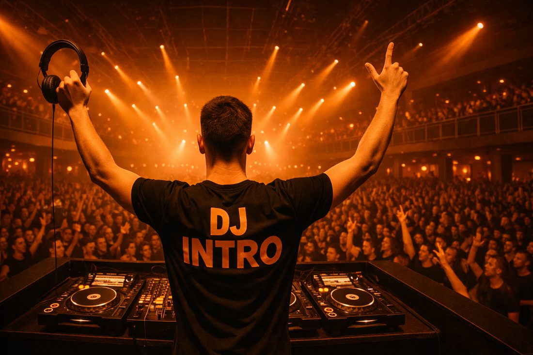 DJ de espaldas con luces naranjas ante el público en una sala