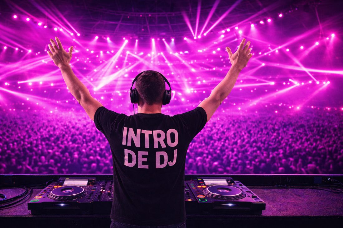 DJ de espaldas con luces rosas ante el público en un festival